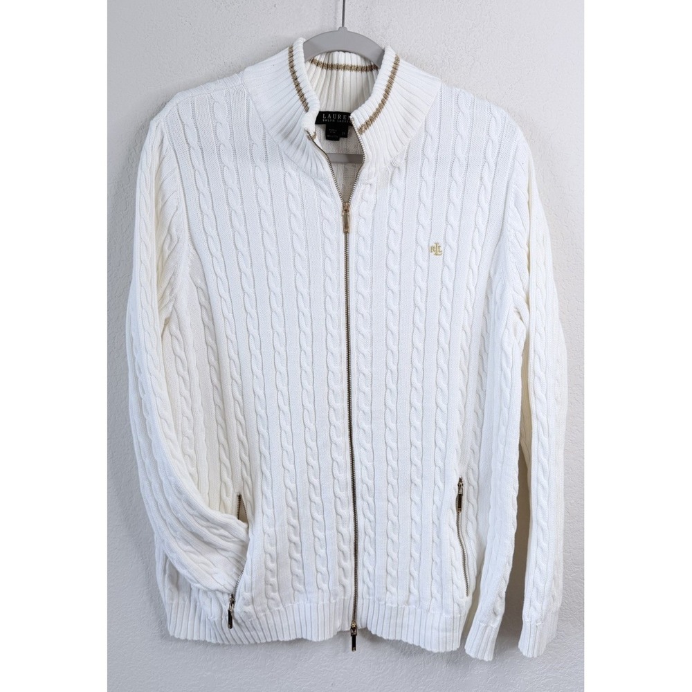 Lauren Ralph Lauren Cable Knit Sweater Jacket Women's 2X White Full Zip Preppy